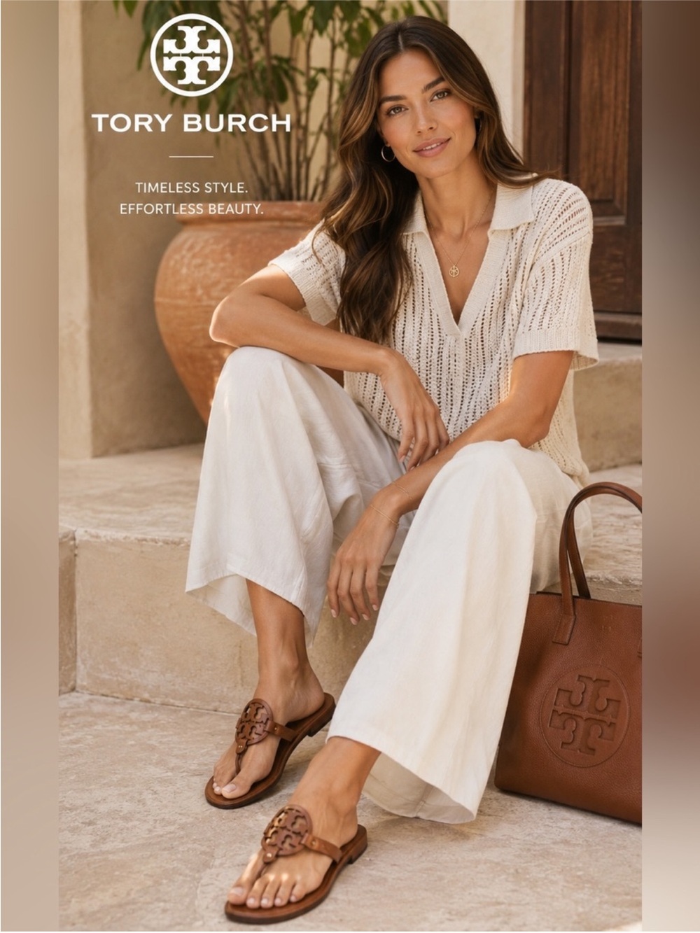 Tory Burch Brown Leather Logo Toe-Post Sandals